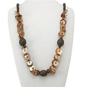 Hand Crafted Earthy Freshwater Pearl Shell and Japanese Pagoda Wood Necklace